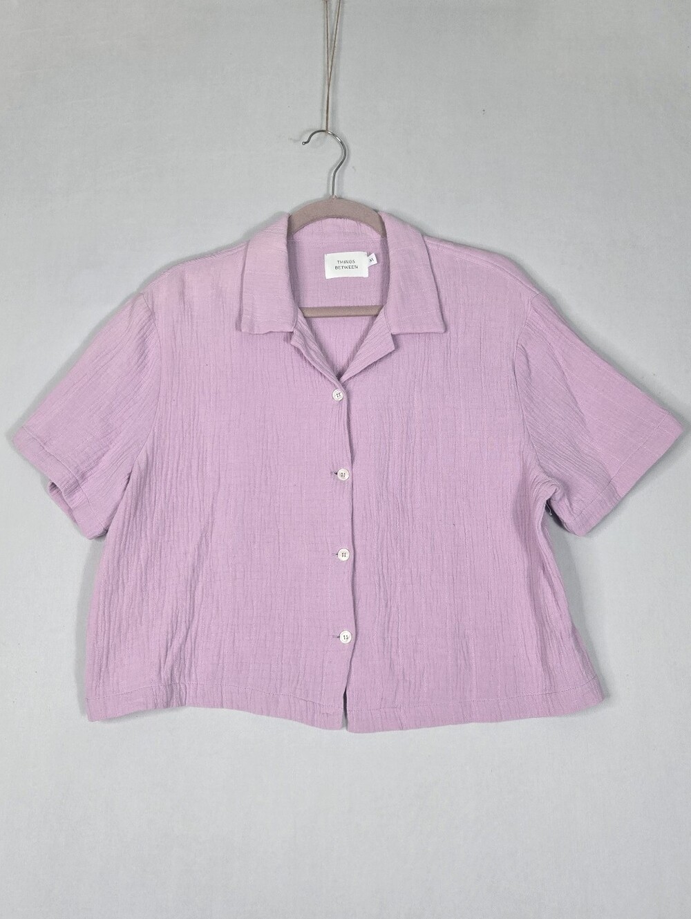 Things Between 100% Cotton Boxy Crop Blouse Lavender Crinkle Top Size Medium